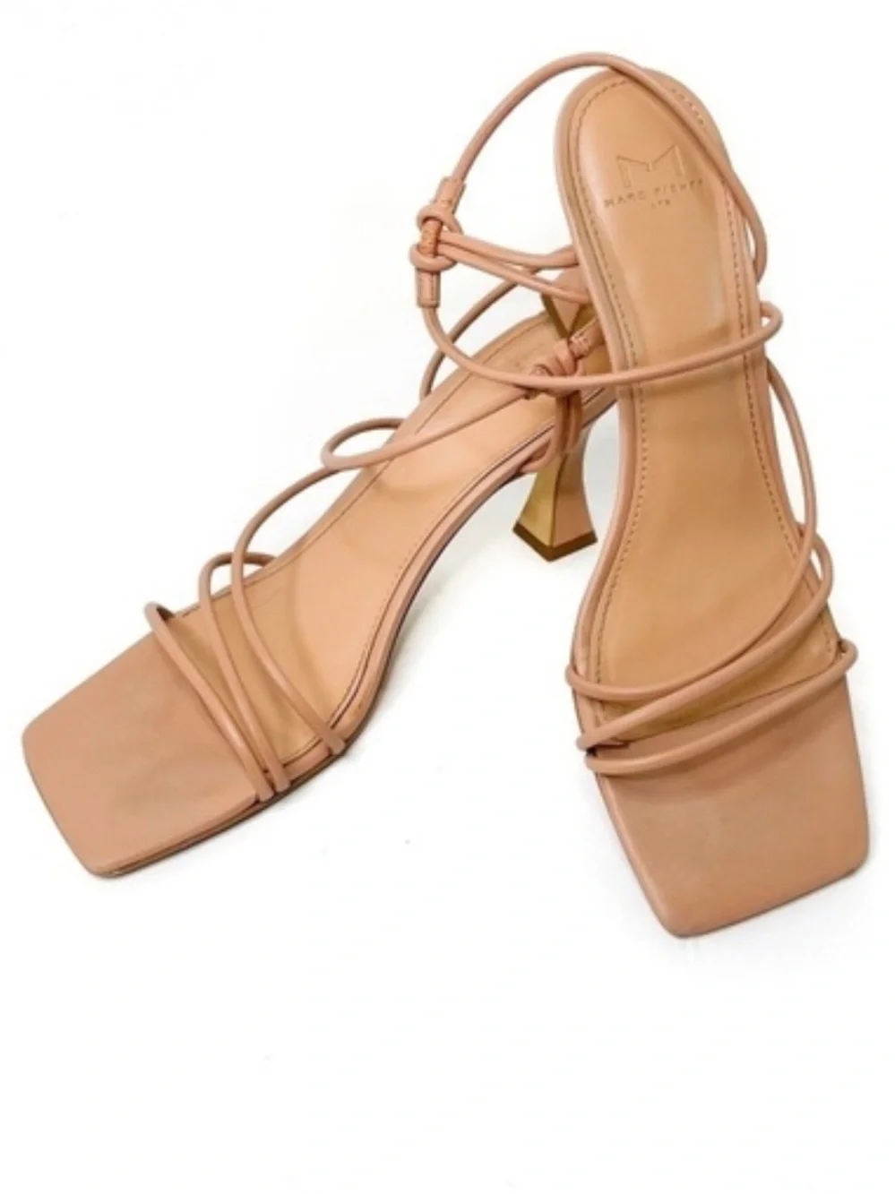 Marc Fisher Davia Brown Tan Strappy Slip On Square Toe Block Heel Sandals